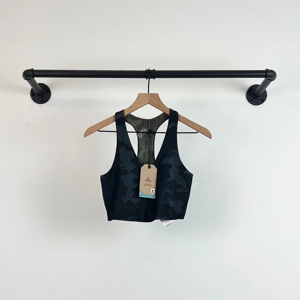 NWT Prana Momento Racerback Crop Top Sports Bra Reversible Camo Print